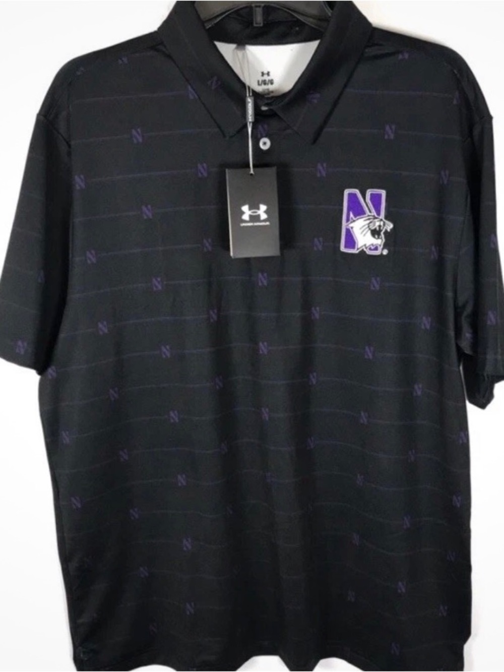 Under Armour Loose Fit Mens Black Polo with Purple Northwestern Logo Size Large